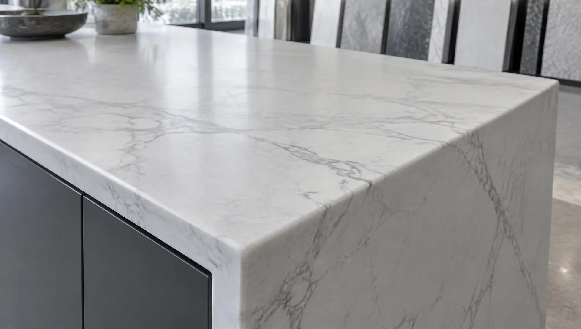 Honed white quartz island with a waterfall mitered edge